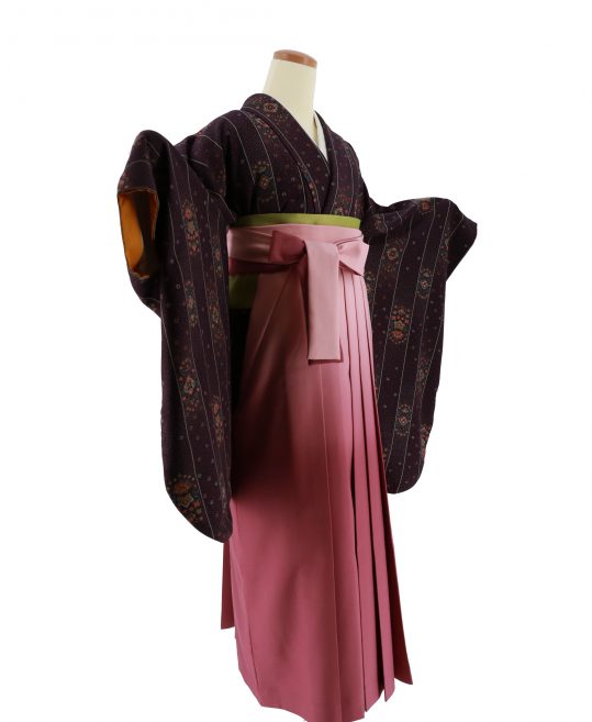 卒業式袴レンタルNo.465[個性的]濃紫・ストライプ小花・紋章風｜着物